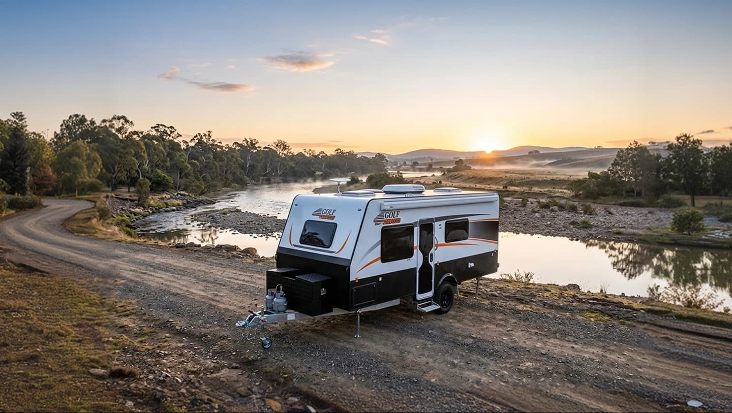 Golf caravan by the water at sunrise